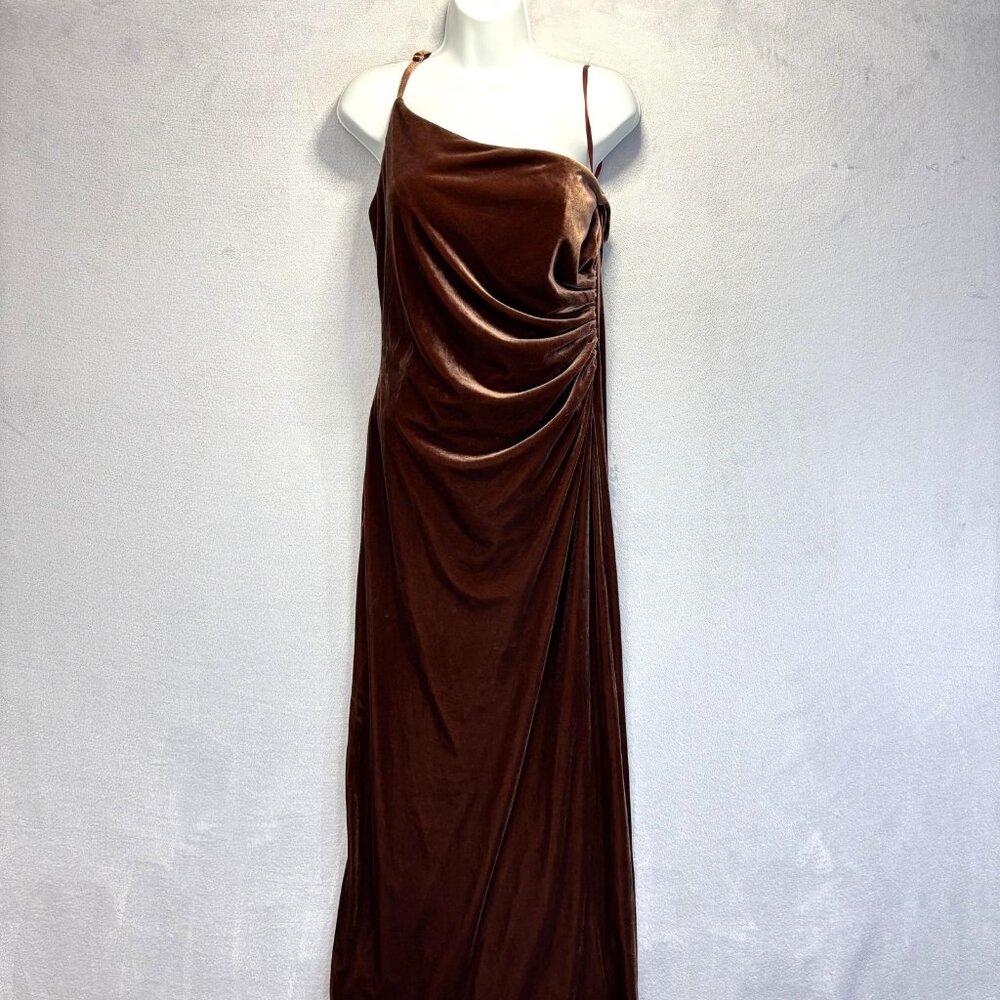 Revelry One‎ Shoulder Velvet Maxi Dress Gown Womens 10 Rust Brown Ruched Elegant